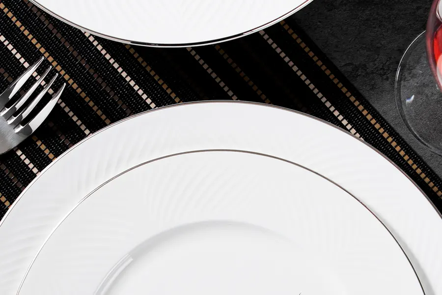 white ceramic plates with silver rim