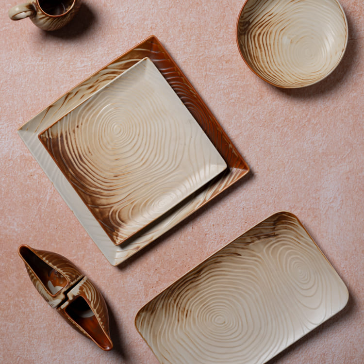 Quadratischer Teller aus glasiertem Porzellan mit Holzmaserung (4)