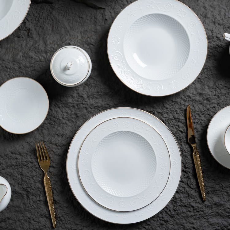 White Bone China Dinner Plates with Gold Rim (3)