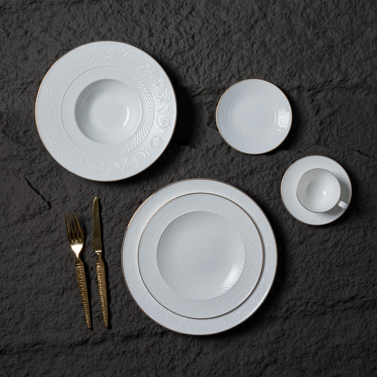 White Bone China Dinner Plates with Gold Rim (5)