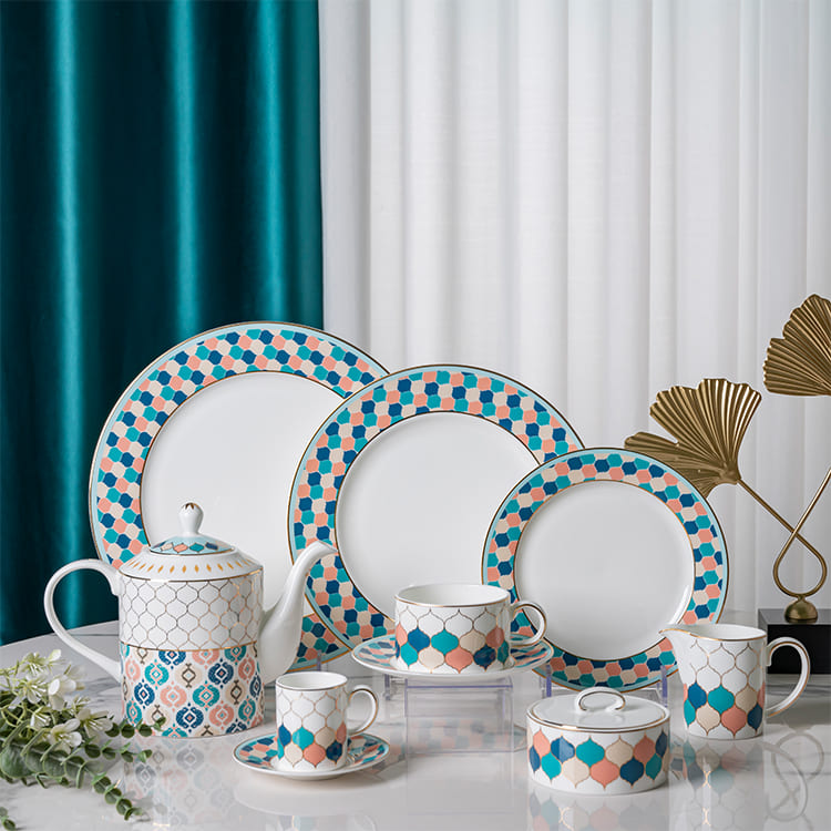 Bone China Dinnerware Set with Geometric Gold Rim Design (2)