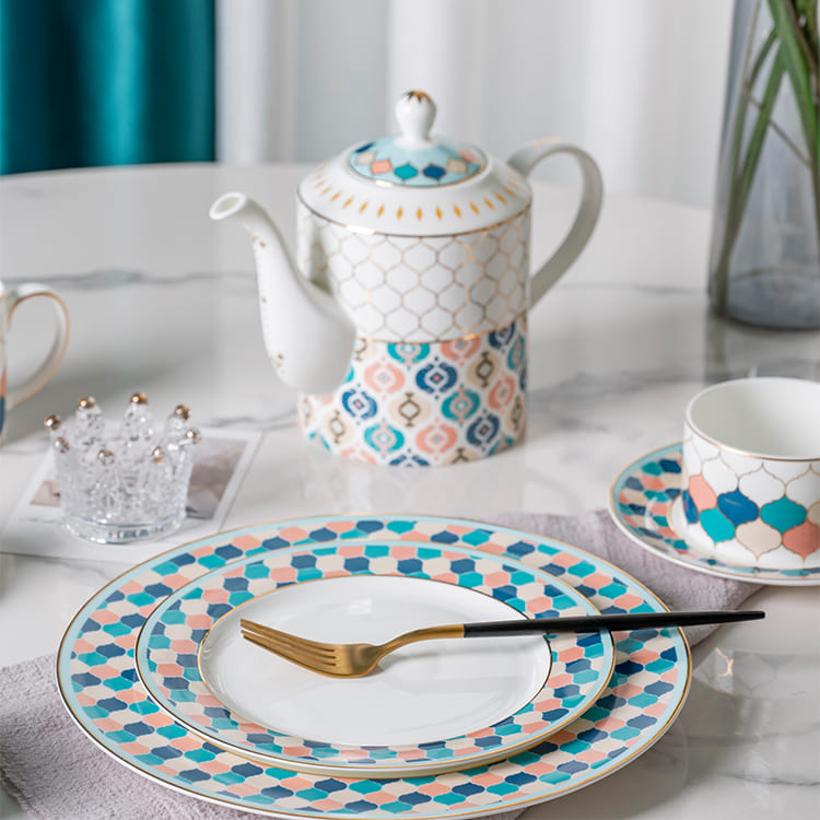 Bone China Dinnerware Set with Geometric Gold Rim Design (3)